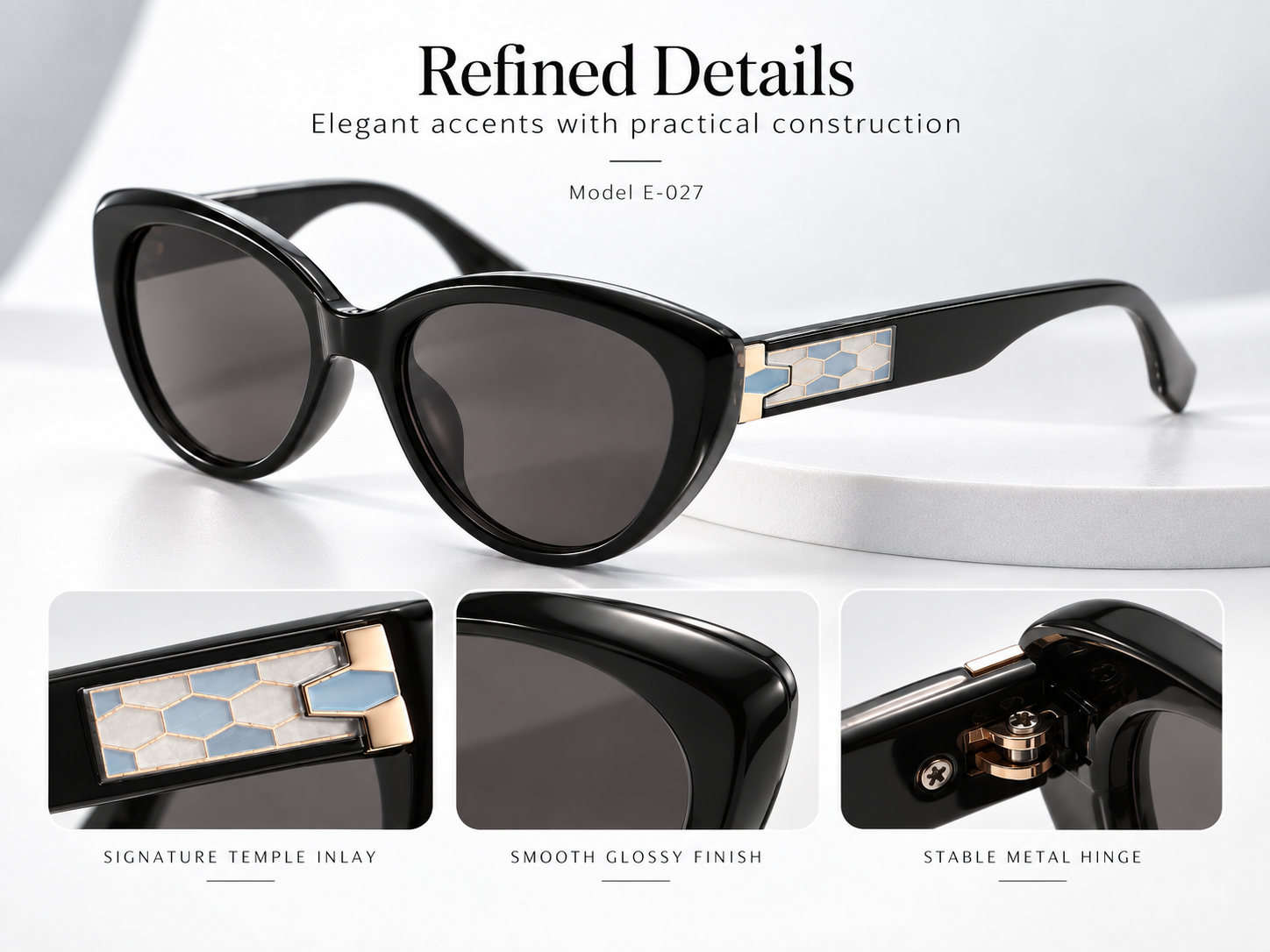 E-027 cat eye sunglasses frame and temple details
