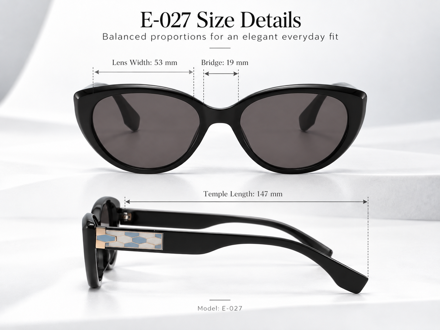 E-027 cat eye sunglasses size 53-19-147 mm