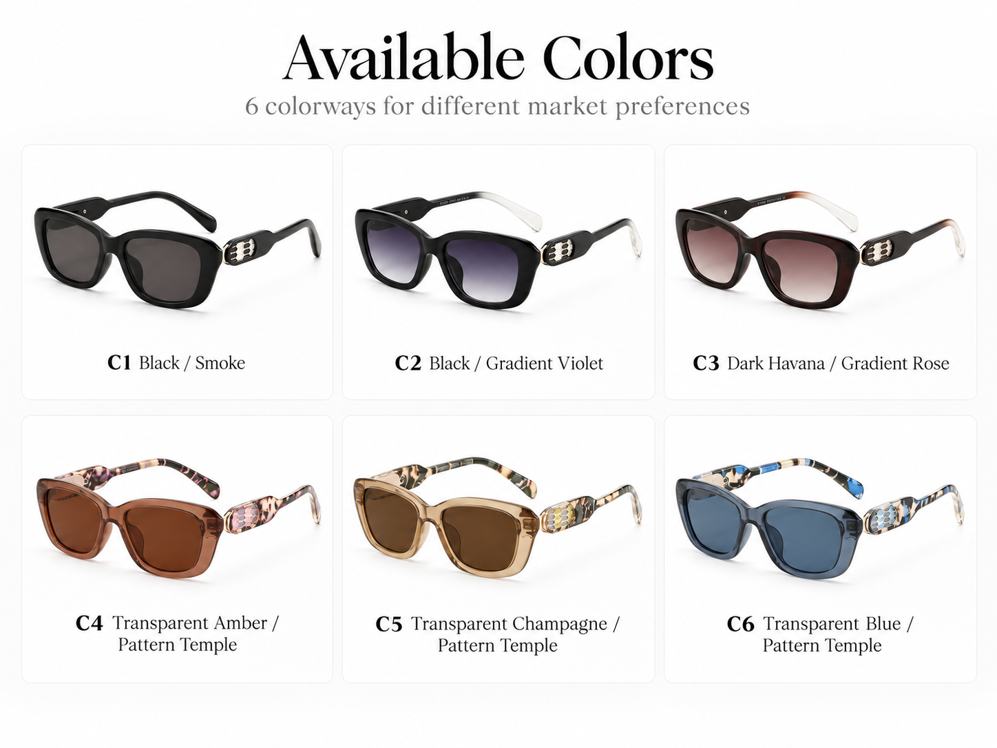 Six available colorways of E-022 cat-eye sunglasses