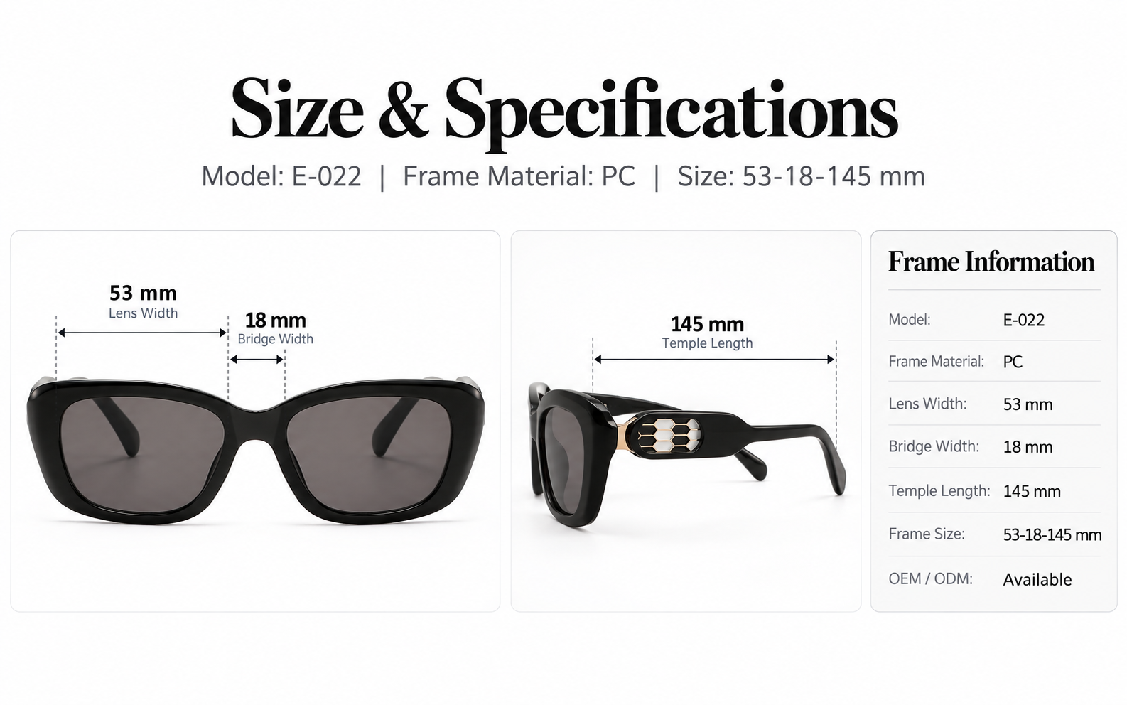 E-022 sunglasses size guide showing 53 mm lens width, 18 mm bridge and 145 mm temples