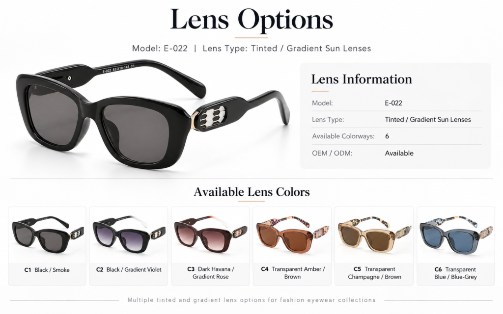 E-022 tinted and gradient sun lens color options