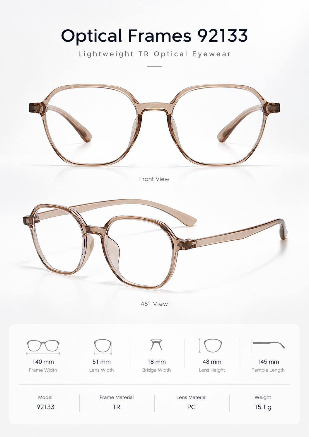 TR optical frames 92133 size and specifications