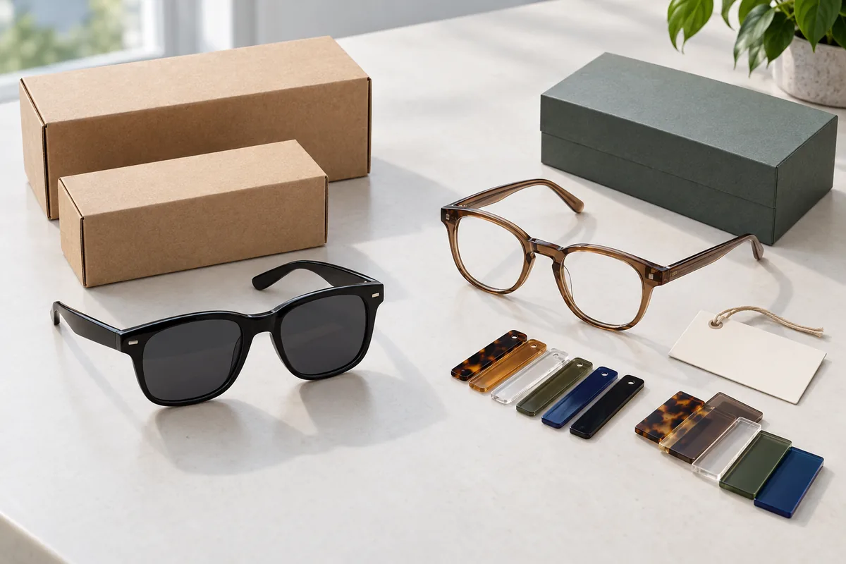 Existing sunglasses and a custom eyewear development kit with color samples