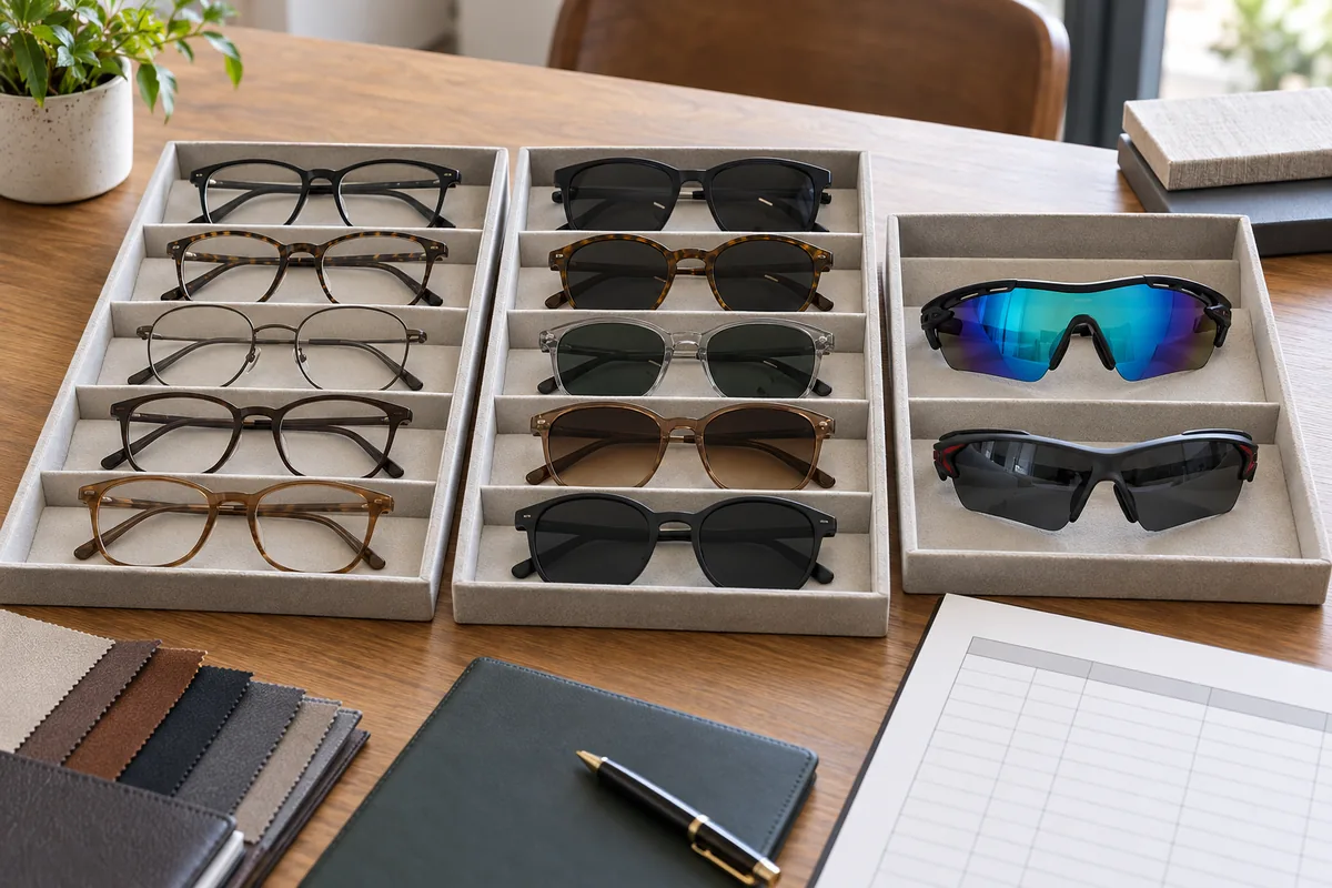 Sample trays with optical frames, sunglasses and sports eyewear