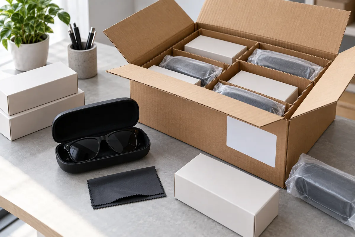 Eyewear cases and retail boxes protected inside a partitioned shipping carton