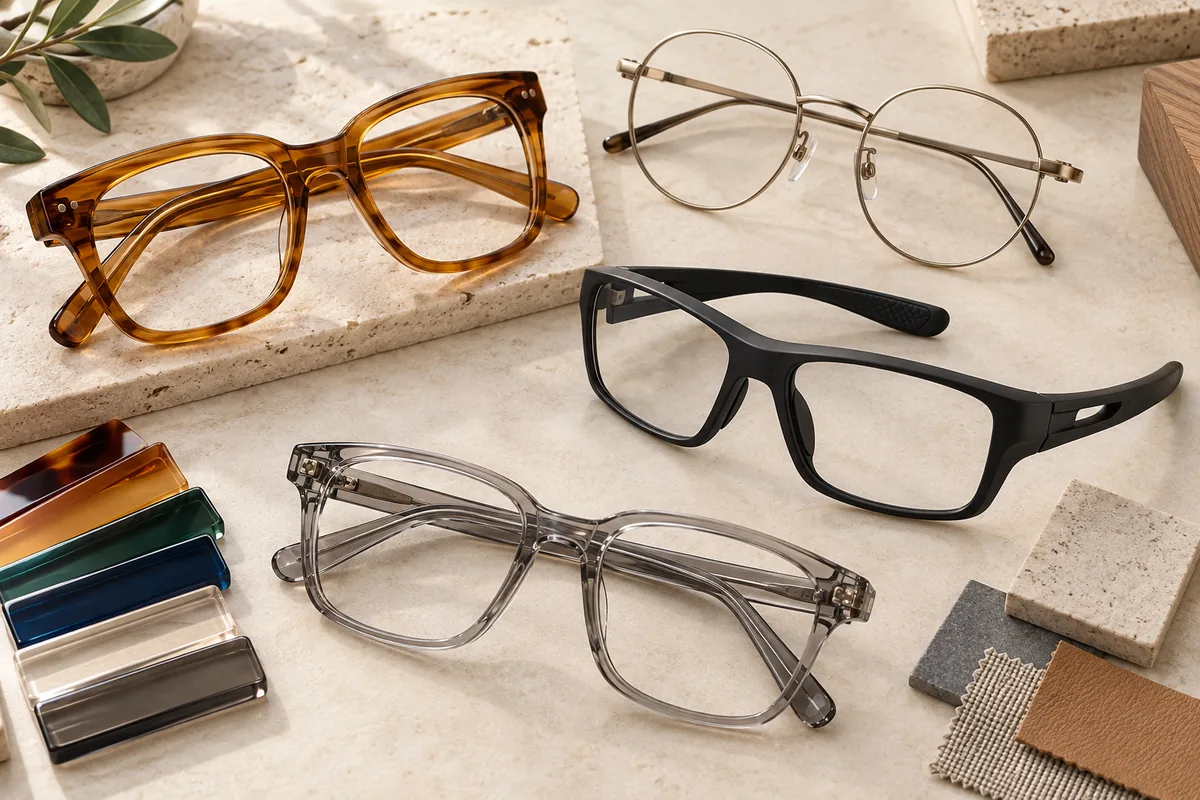 Optical frame styles and color samples on a buying desk