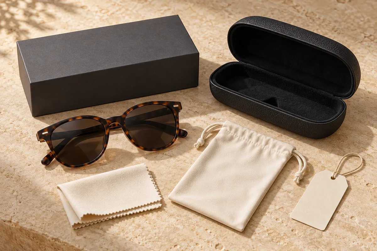 Sunglasses with unbranded box, case, pouch and cleaning cloth